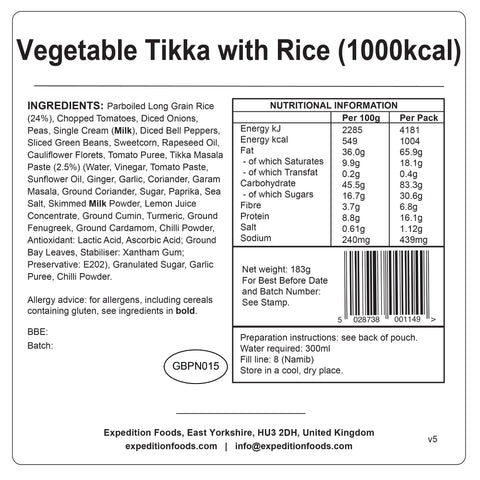 Expedition Foods Vegetable Tikka with Rice | Freeze-Dried Meal