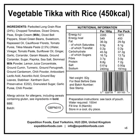 Expedition Foods Vegetable Tikka with Rice | Freeze-Dried Meal